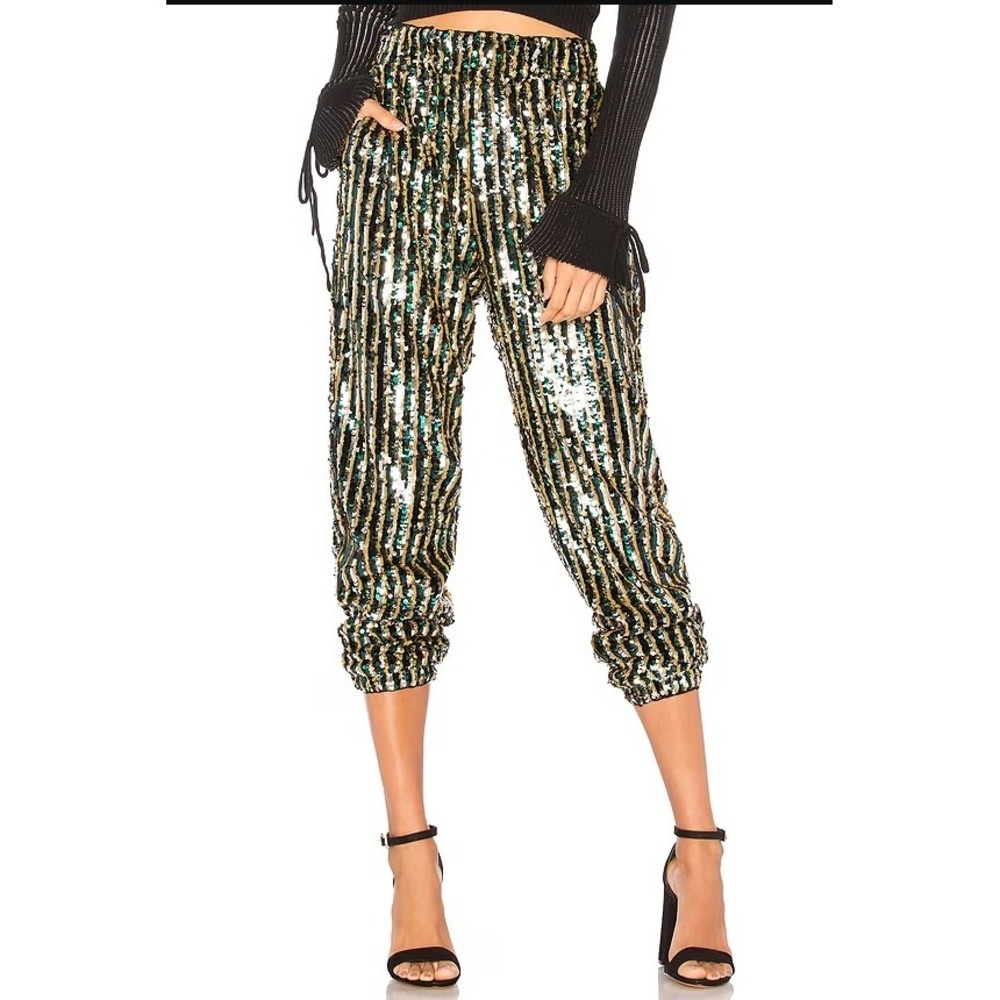Tularosa  Cara Sequin Pants  XS Gold Silver Green Striped REVOLVE Rave NYE